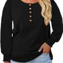 Beautife Womens Plus Size Henley Shirts Puff Long Sleeve Button Up Curvy Tops Loose Fit Casual Fall Blouse (X-Large Plus, Black)