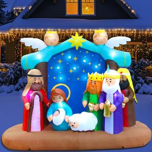 Inflatable Christmas Nativity Scene Decoration with 17 LED Lights & Copper String Lights, 210T Polyester Fabric, Complete Set with Air Blower, Stakes, Ropes, and Water Bags, 7ft Long and 5.6ft High