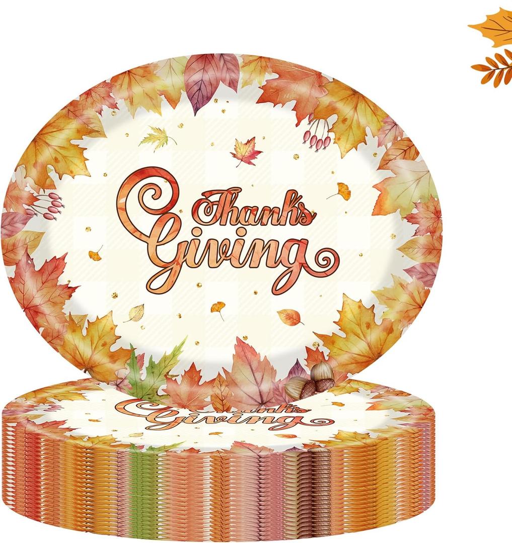 HAMDKS 50 Pcs Thanksgiving Party Supplies, 11.6" x 9.4" Oval Thanksgiving Paper Plates, Disposable Heavy Duty Maple Plates for Autumn Fall Tableware Party Decorations