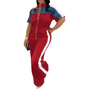 Women's Color Block Zip Up Jumpsuit Casual Short Sleeve Elastic Waist Wide Leg Pant One Piece Rompers Sportswear, Size S (Red)