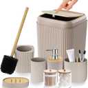 Bathroom Accessories Set - Unbreakable Beige Bathroom Set, Trash Can, Toilet Brush with Holder, Soap Dispenser, Toothbrush and Toothpaste Holder, Tumbler Cup, Soap Dish, Qtip Holder, Bamboo Decor (8 Pieces)