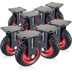 POWERTEC 8 Inch Caster Wheels Set of 8, Heavy Duty Fixed Plate Casters with Rubber Knobby Tread for Workbench, Dolly, Cart, Trolley, Wagon, Toolbox & Chicken Coop, Large Castor Wheels (17053-P8)