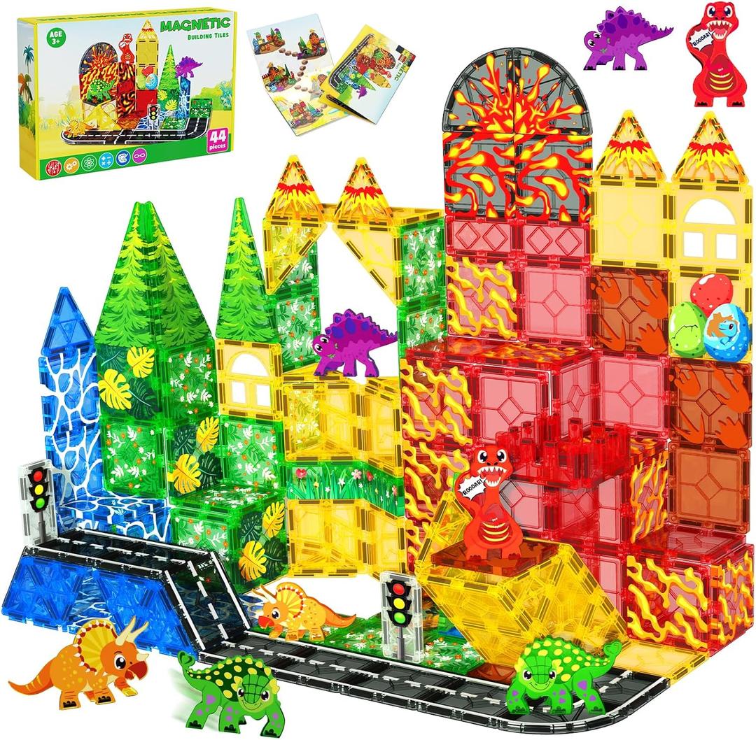 Magnetic Tiles with 4 Dinosaur Toys - Jurassic Scenes Dino World Magnet Tiles for Kids, Magnetic Building Blocks Set for Boys Girls Ages 3+, Sensory Toddler Creative Games Easter Birthdays Gifts
