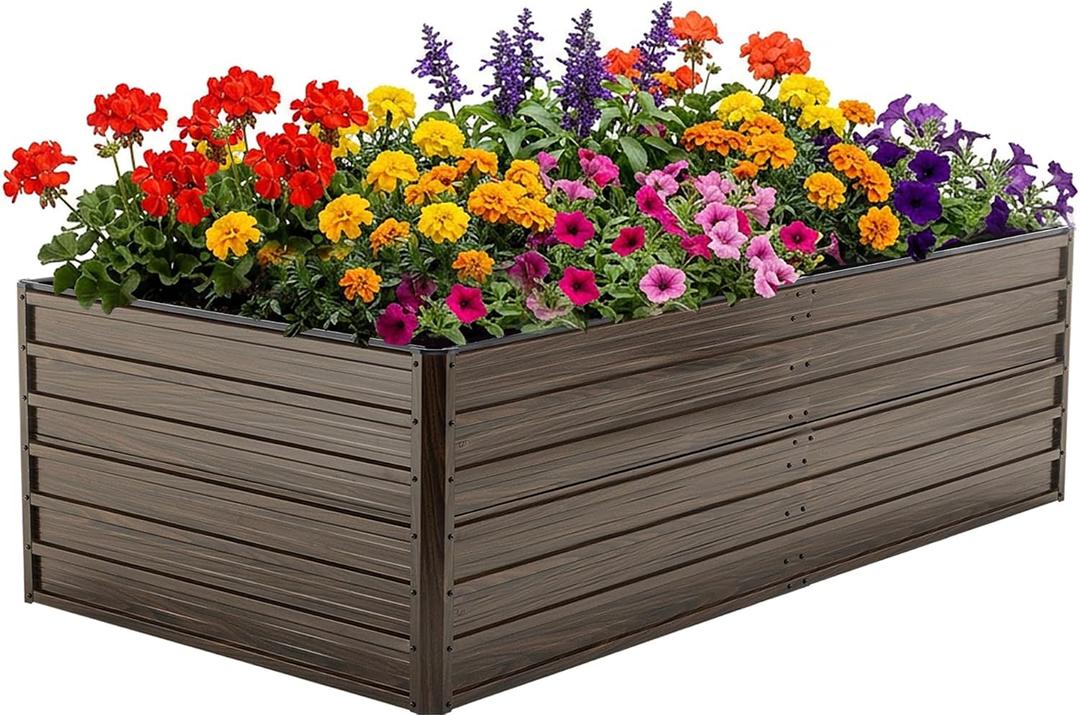 Galvanized Raised Garden Beds, 8x4x2FT Outdoor Planter Boxes with Safety Edging and Gloves, Rustic Country Style Metal Garden Bed Kit for Vegetables Flower and Fruits (Brown Wood Grain