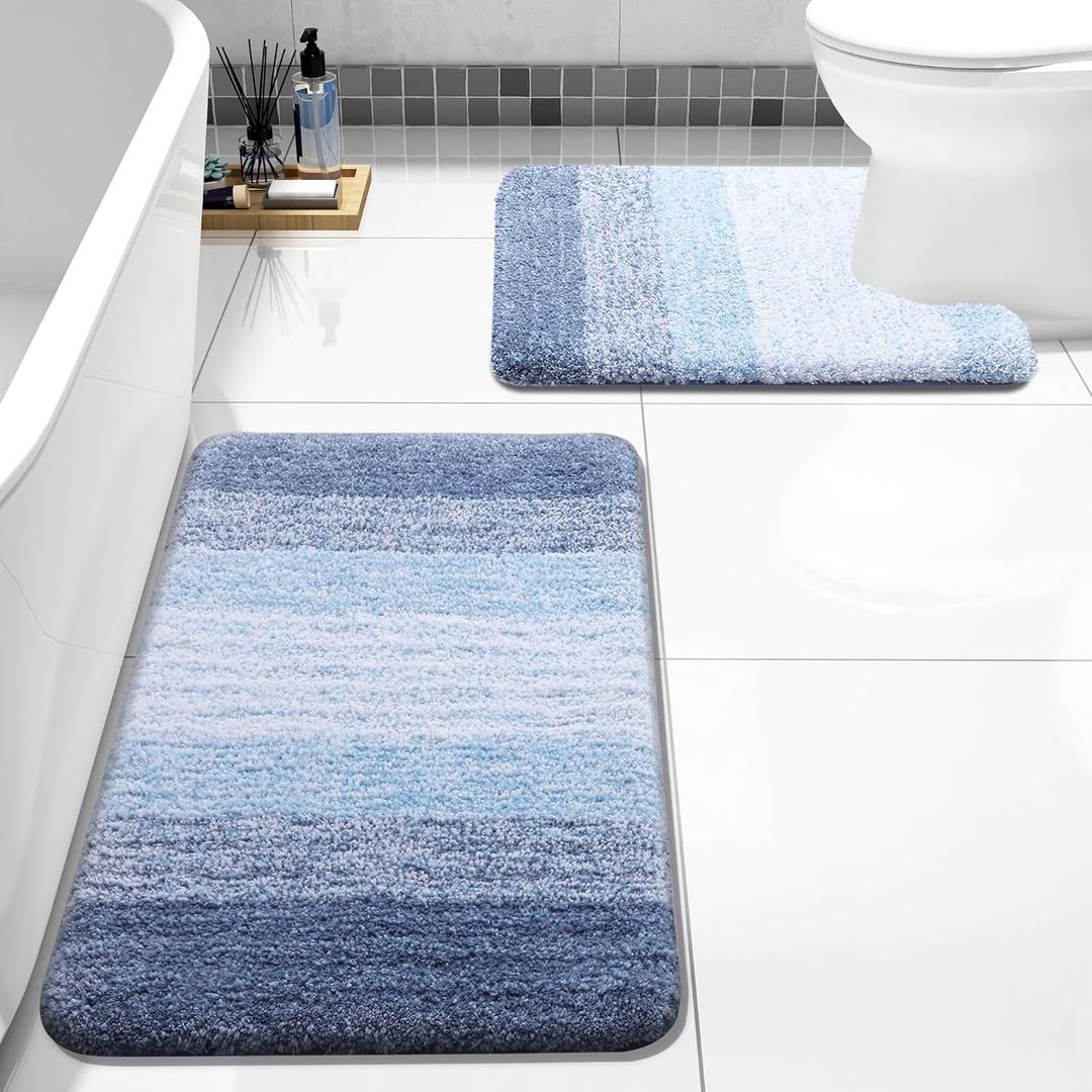 Arotive Bathroom Rugs Sets 2 Piece, Soft Absorbent Microfiber Bath Mats and U-Shaped Contour Toilet Rug, Non-Slip Machine Washable Dry Bath Mats for Bathroom, 30x20 and 24x20, Light Blue