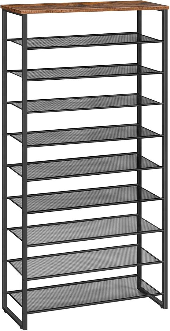 HOOBRO 10-Tier Shoe Rack for Entryway, 29.5" L Shoe Storage Organizer, Large Capacity Shoe Shelf for Closet, Front Door Entrance, Hallway, Holds 36-40 Pairs of Shoes, Rustic Brown and Black BF107XJ01