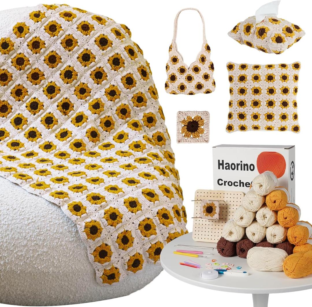 Haorino Crochet Kit for Beginners  Crochet Blanket Kit with a Crochet Blocking Board,Yarns, Tools, Video Tutorials | Granny Square Blanket for Adults & Kids | DIY Gift for Craft Lovers