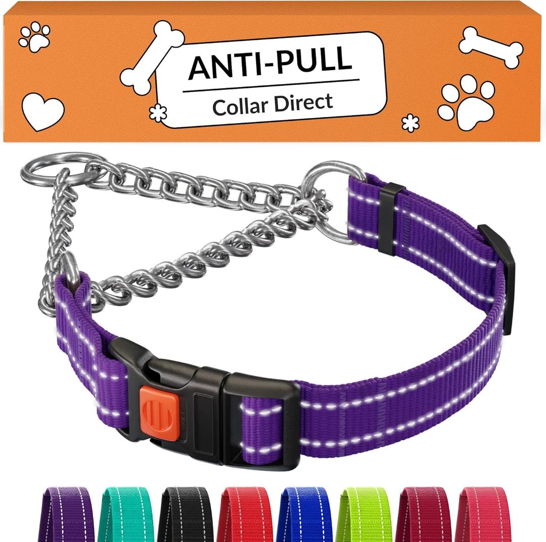 CollarDirect Martingale Dog Collar with Stainless Steel Chain and Quick Release Buckle - Reflective Collar for Large, Medium, Small Dogs - Purple, Large (Neck Size 17"-22")