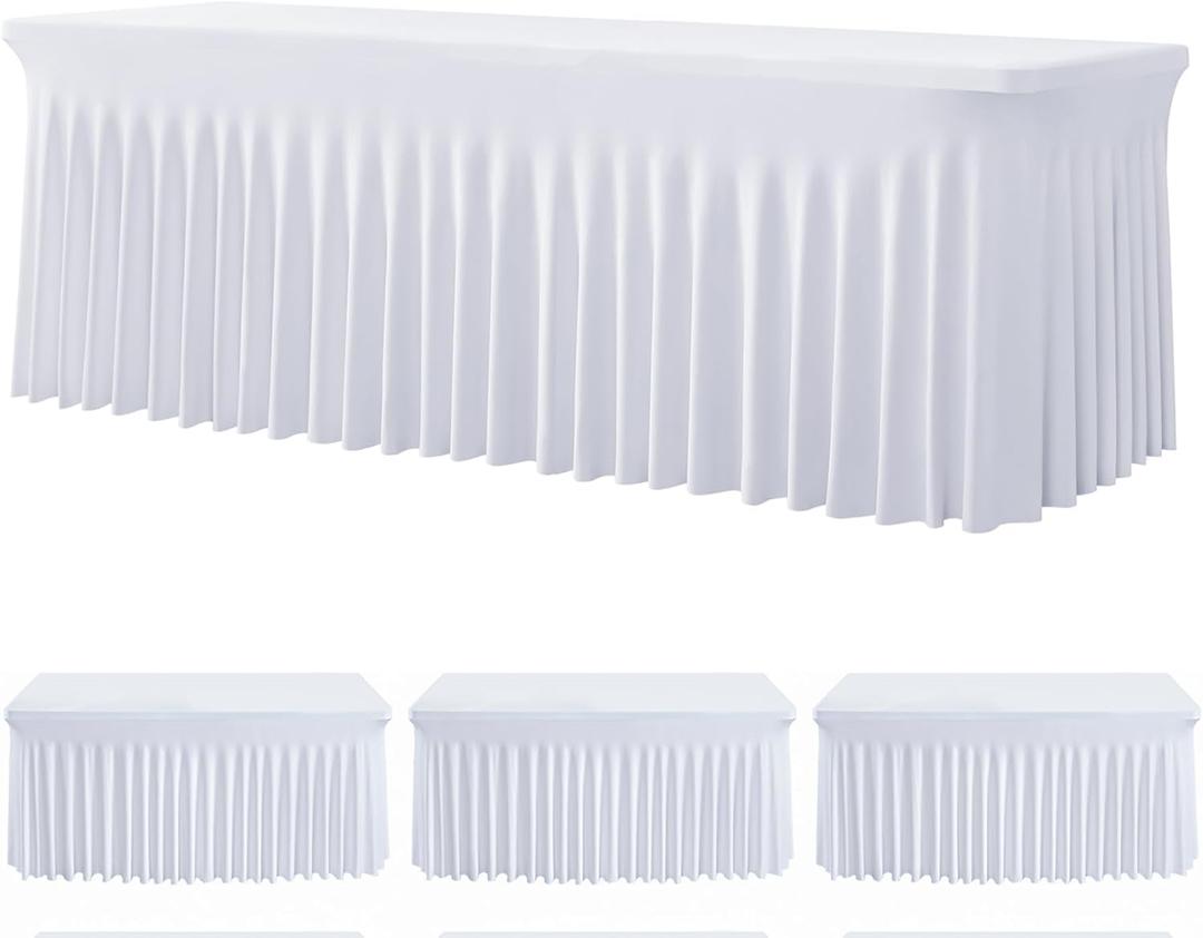 3 Pack White Spandex Table Clothes for 8 Foot Rectangle Tables, Wrinkle Free Fitted Tablecloths 8ft Stretchy Table Cloths Cover Skirt for Parties Weddings Birthday Banquet Baby Shower