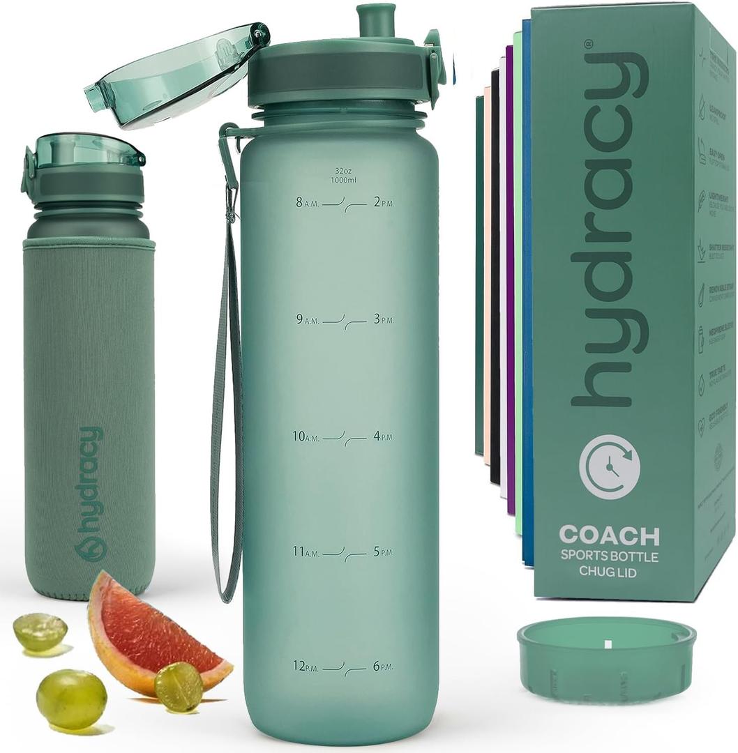 Hydracy Water Bottle with Time Marker -Large BPA Free Water Bottle & No Sweat Sleeve -Leak Proof Gym Bottle with Times to Drink - Ideal for Fitness Sports & Outdoors, 32 Ounces