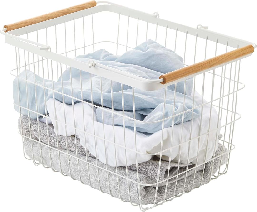 Yamazaki Home Tosca Laundry Basket - Laundry Basket With Wooden Handles - Medium, 11" - Steel + Wood - 6 Gallons, 23 Liters
