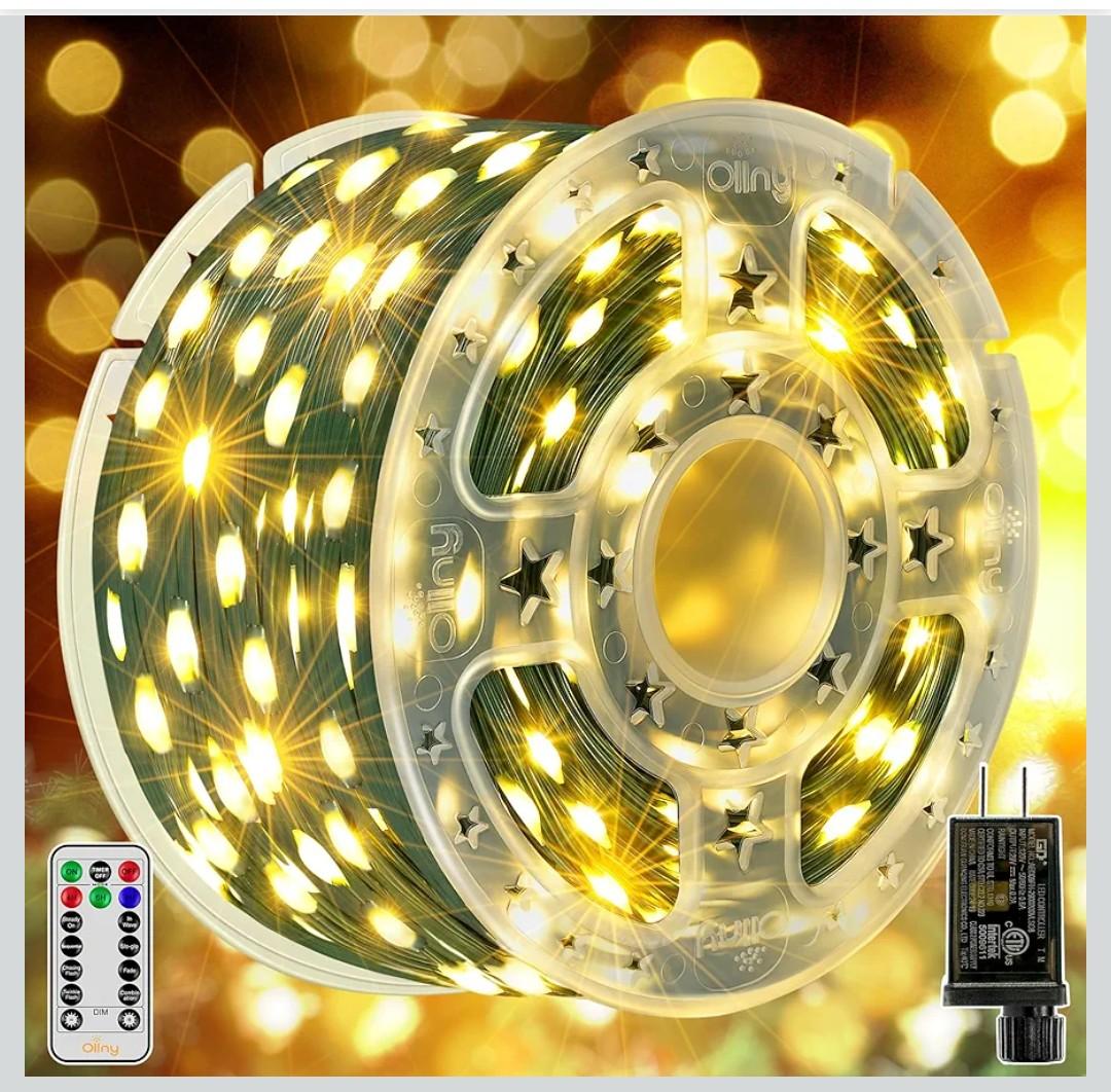 Ollny Outdoor Waterproof Plug in Christmas Tree Lights with 8 Modes Remote Timer, String Lights for House Yard Outside Indoor Xmas Decorations Warm White