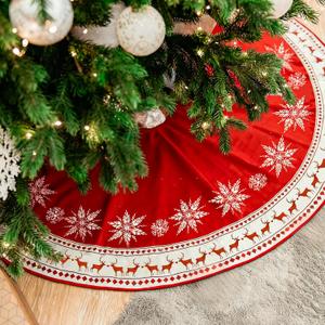 Christmas Tree Skirt 48 Inch Red Rustic Snowflake Reindeer Xmas Tree Skirt, Large Farmhouse Holiday Tree Mat for Christmas Decorations, Winter New Year Party Indoor Outdoor Decor (Red)