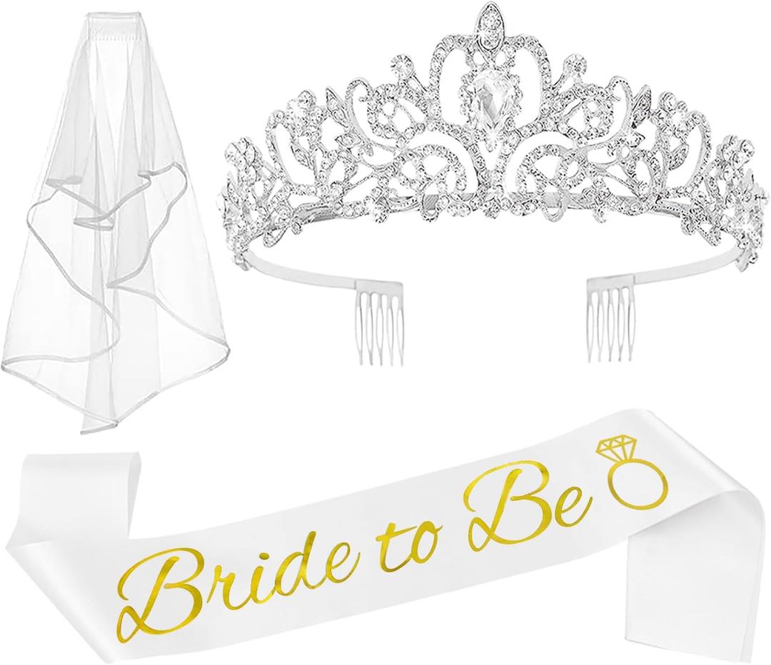 2 x JETKONG 3 Pcs Bachelorette Party Decorations Bridal Shower Crown, Bride to Be Sash&Veil for Women Bachelorette Party Gifts, Bachelorette Party Supplies, Gifts, Favors (Silver)