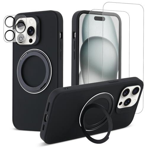 DUEEFA 360° Rotatable Magnetic Ring Stand for iPhone 15 Pro Max Case Compatible with MagSafe,with [2xScreen Protector+1xLens Protectors] Shockproof Silicone Slim Phone Case 6.7 inch (Black), Set of 2