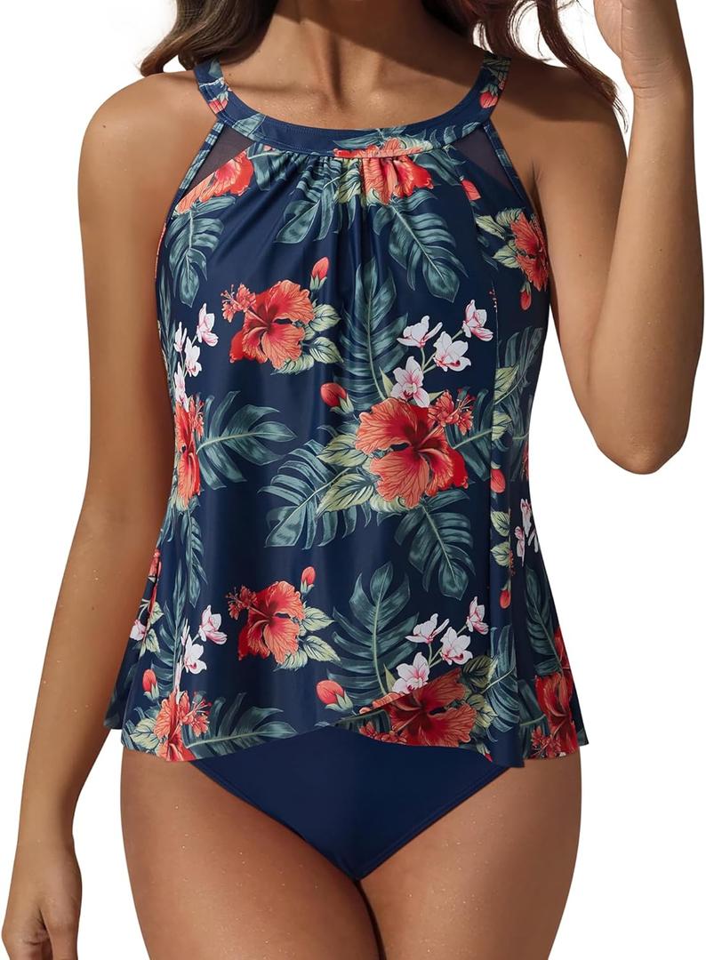 SUUKSESS Women Tummy Control Tankini Bathing Suit Ruffle High Waisted Swimsuit (XX-Large, 60 Tropical Floral Navy Blue)
