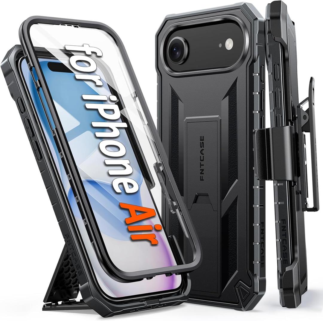 FNTCASE for iPhone Air Phone Case: Military Grade Rugged for iPhone 17 Air Phone Cover with Kickstand & Belt Clip Holster | Shockproof TPU Protection Bumper | Heavy Duty Protector (Black)