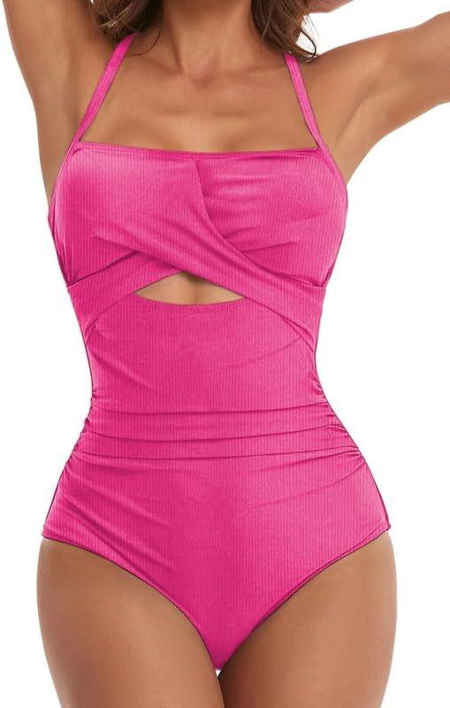 Dokotoo Women's One-Piece Swimsuits Adjustable Strap Cutout Monokini Padded Tummy Control Slimming Swimwear Bathing Suits (Large, Rose Red)