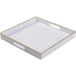 MAONAME 13" Decorative Tray, White Serving Tray with Handles, Coffee Table Trays, Square Plastic Trays for Ottoman, Bathroom, Kitchen