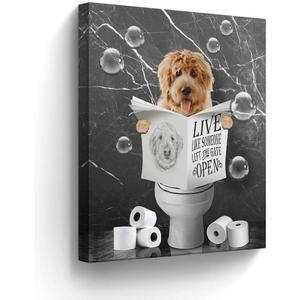 Bathroom Decor Canvas Wall Art Funny Dog Sitting in Toilet Pictures Black and White Animals Wall Decor Farmhouse Bathroom Painting for Bathroom Toilet Artwork Framed 12"x16"