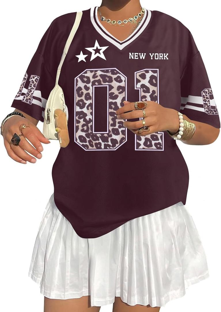 Jersey Shirts for Women Oversized V Neck Tshirt Number Graphic Shirt Casual Y2k Streetwear Tee Tops (Brown, XL)