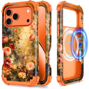 Hekodonk for iPhone 17 Pro Max Case Magnetic,[Compatible with MagSafe] Floral Three Layer Heavy Duty Drop Shockproof Full Protective Women Girls Case for Apple iPhone 17 Pro Max 6.9 inch,Orange
