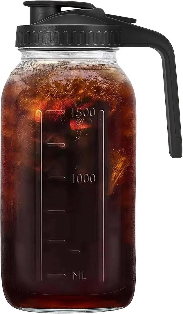 64oz Glass Pitcher with Handle and Lid, 2 Quart Mason Jar Pitcher - Airtight & Leakproof Water Jug with Pour Spout Lid, Glass Containers for Fridge, Perfect for Juice, Cold Brew, Iced & Sun Tea (Black)