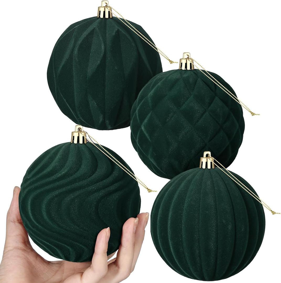 4 Pcs 4 Inch Green Large Velvet Christmas Ball Ornaments Vintage Christmas Plastic Ball Ornaments Flocked Tree Hanging Decoration for Xmas Party Wedding Home Decor