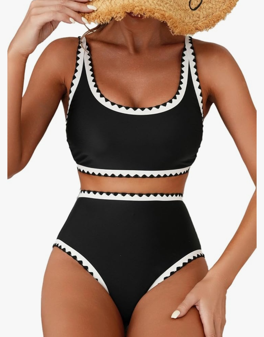 Herseas Women's Bikini Sets Floral Print Whip Stitch 2 Piece Swimsuits High Waisted Scoop Bathing Suits Black white L