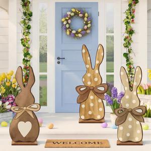 3 Pcs Outdoor Easter Decorations for Porch Large Wooden Easter Bunny Porch Sign Rustic Polka Dot Bunny with Bow Spring Party Decor for Front Door Yard Garden, 23.6 Inch