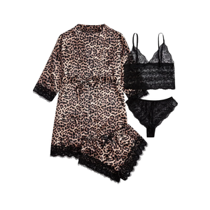 WDIRARA Women' Silk Satin Pajamas Set 4pcs Lingerie Floral Lace Cami Sleepwear with Robe,Size M