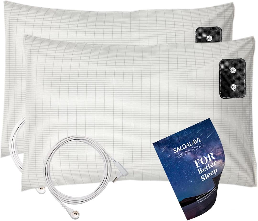 2pcs Grounding Pillowcase King Conductive Silver Fiber Grounding Pillow Cover with 15ft Cord Soft Safe for Better Sleep Reduce Pain 20''x36'' (Beige)