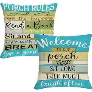Jartinle Lake House Outdoor Pillow Covers 18x18 Inch Waterproof Turquoise Woodgrain Stripe Welcome to Porch Decorative Cushion Covers for Patio Furniture, Set of 2 (Teal Green)