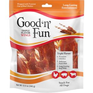 Good n Fun Triple Flavor Wings Chews for All Dogs, 12 Ounces, Treat Your Dog to Long-Lasting Chews Made from Chicken, Pork Hide and Beef Hide (EXP 07/23/27)