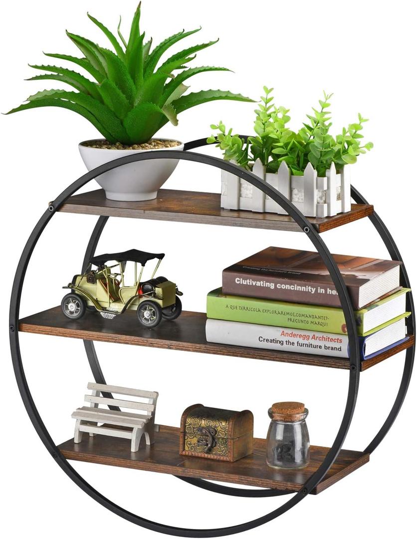 Floating Shelves, 3 Tier Decorative Geometric Circle Metal and Wood Wall Shelves, Bathroom Shelf Round Wall Decor, Rustic Brown