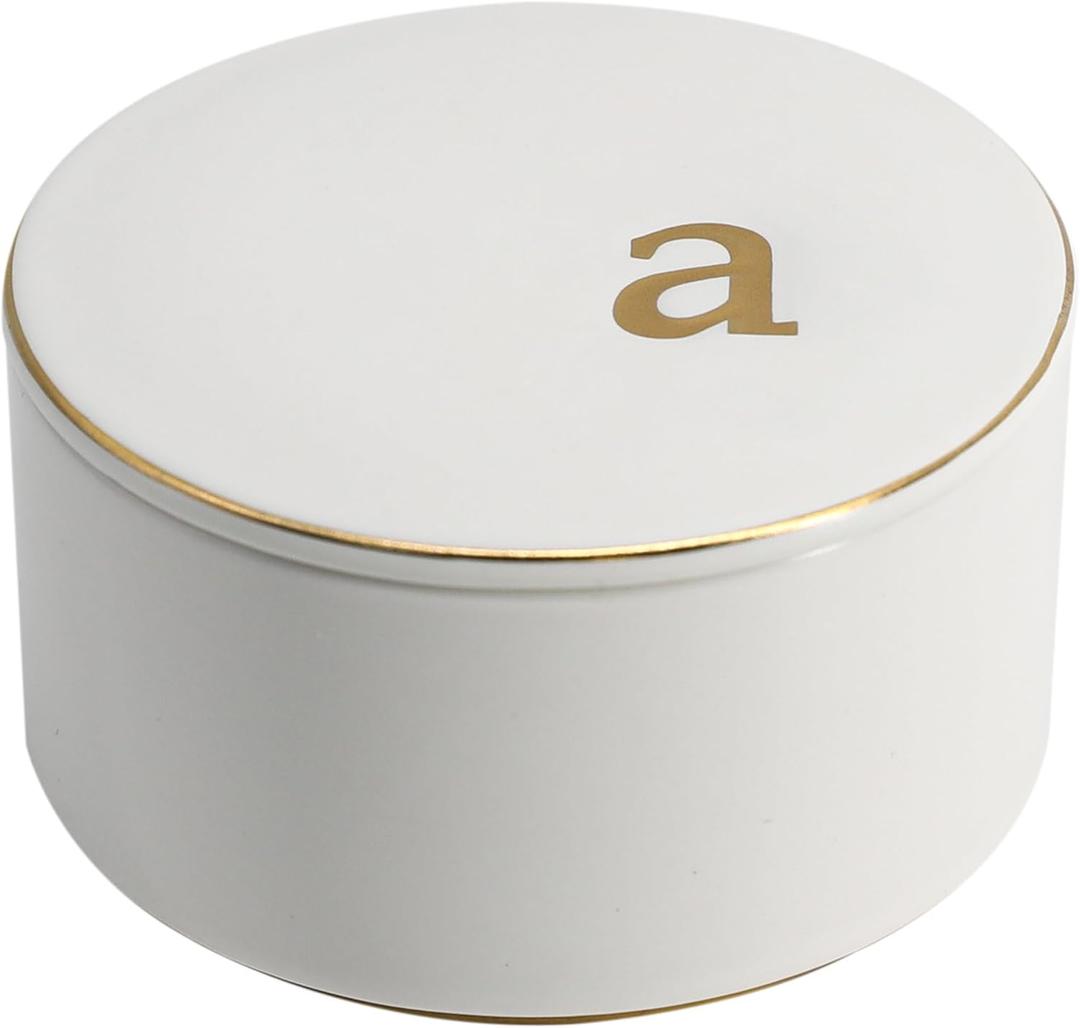 COLLECTIVE HOME - Ceramic Jewelry Box, Elegant Embossed Jewelry Holder, Trinket Organizer with Gold Monogram Lid, Storage for Ring Necklace Bracelet Earrings, Rings and Accessories (a)