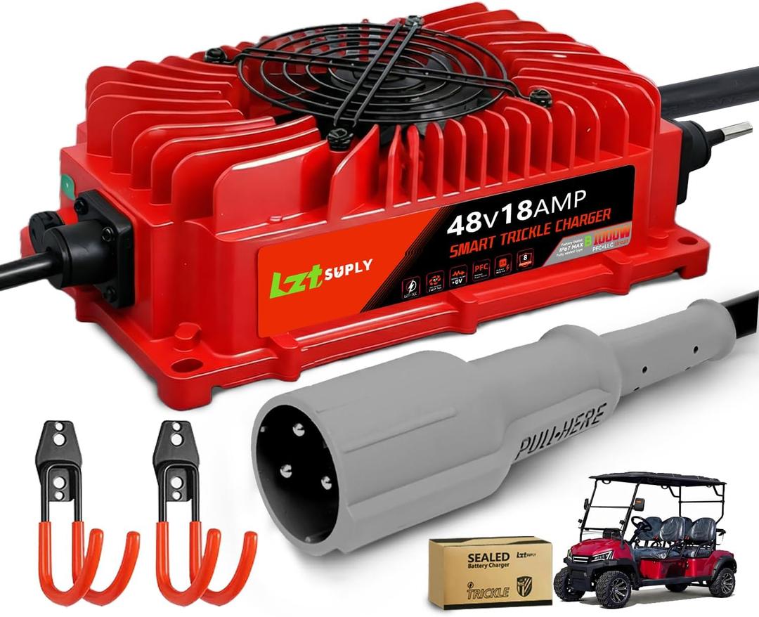 48V 18Amp Golf Cart Battery Charger Onboard or Wall Mount for Club Car 3-Pin Round with 16Ft Cable, IP67 Waterproof Smart Trickle Charger Replacement for 48 Volt Lead-Acid Batteries