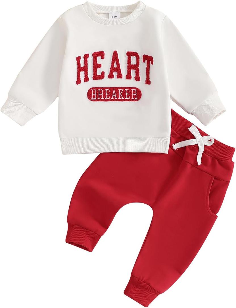 Toddler Baby Boy Clothes Crewneck Sweatshirt Long Sleeve Letter Print Shirt with Pants Cute Fall Winter Outfits (18-24 Months, V-white Red Heart)