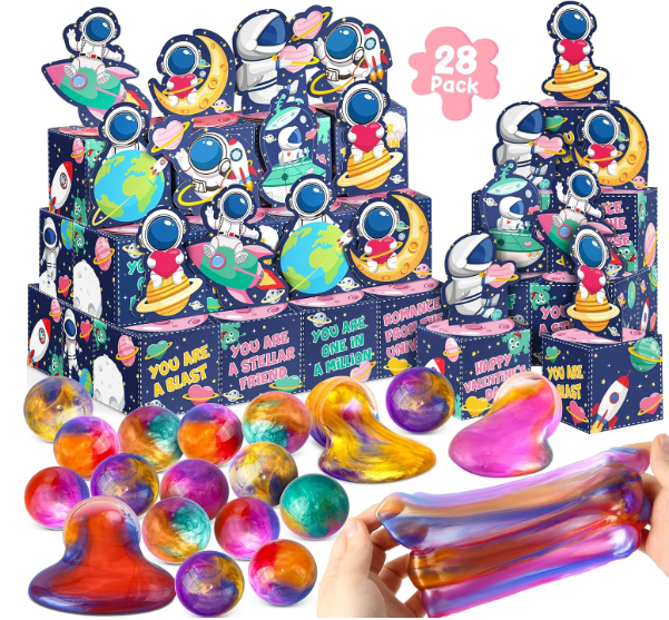 28 Pack Kids Valentines Day Gifts for School Galaxy Slime with Valentines Day Cards Space Gift Boxes, Valentine for Kids Classroom Valentines for Class Exchange Gifts Prizes Favors Favors for Boy Girl, Pack Of 2