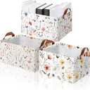 Boao 3 Pcs Wildflowers Storage Bin Wildflowers Collapsible Large Storage Baskets for Gifts Canvas Laundry Basket Foldable Box with Handle for Office Home Bedroom Clothes (15 x 11 x 8 Inches)