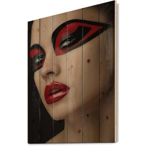 Red Lips Black Makeup On The Eyes Of Mask Women Modern & Contemporary Wood Wall Decor, Red Wood Wall Art, Large People Wood Wall Panels Printed On Natural Pine Wood Art