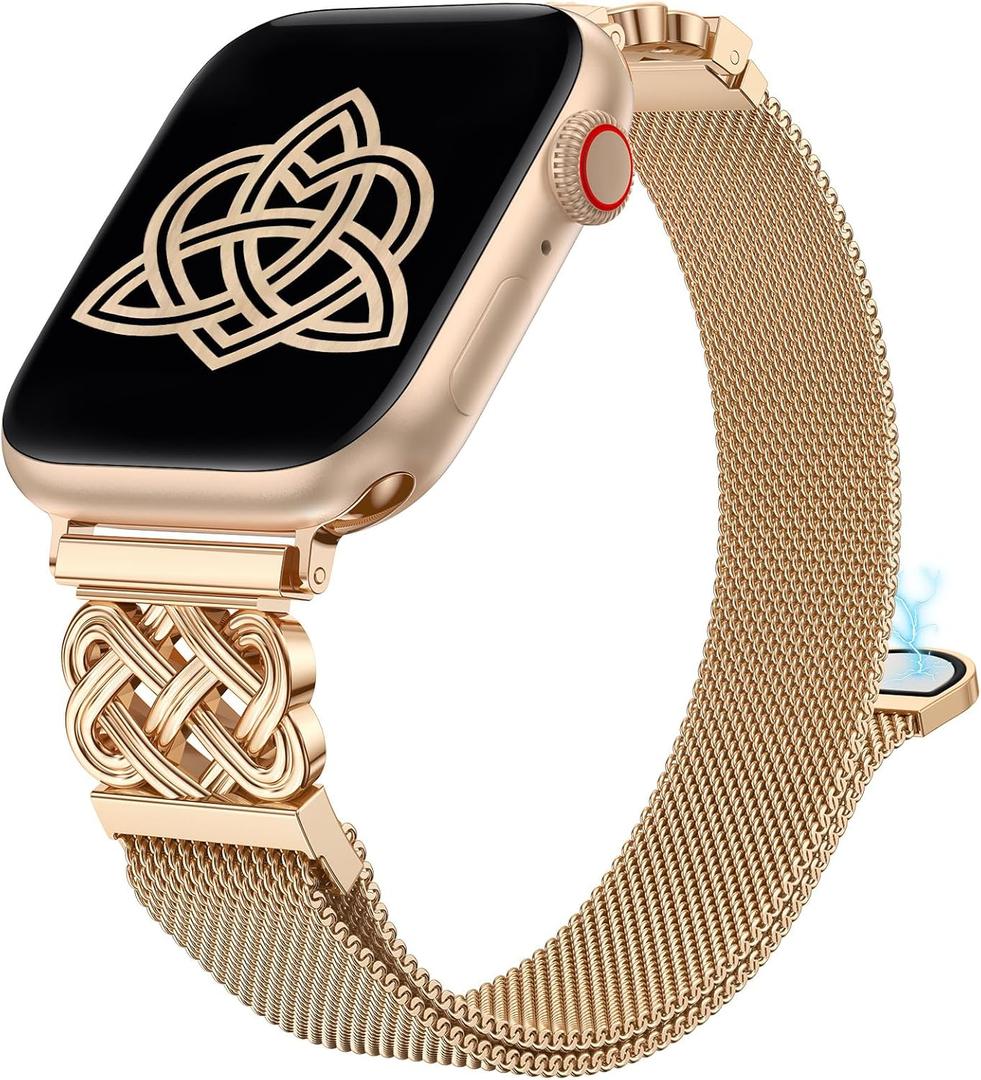 BEEXI Stainless Steel Magnetic Loop Compatible with Apple Watch Band 42/41/40/38mm Women Mesh Celtic Knot Dressy Strap for iWatch Series 11/10/9/8/7/6/5/4/3/2/1/Ultra(1/2/3)/SE(1/2/3), Rose Gold