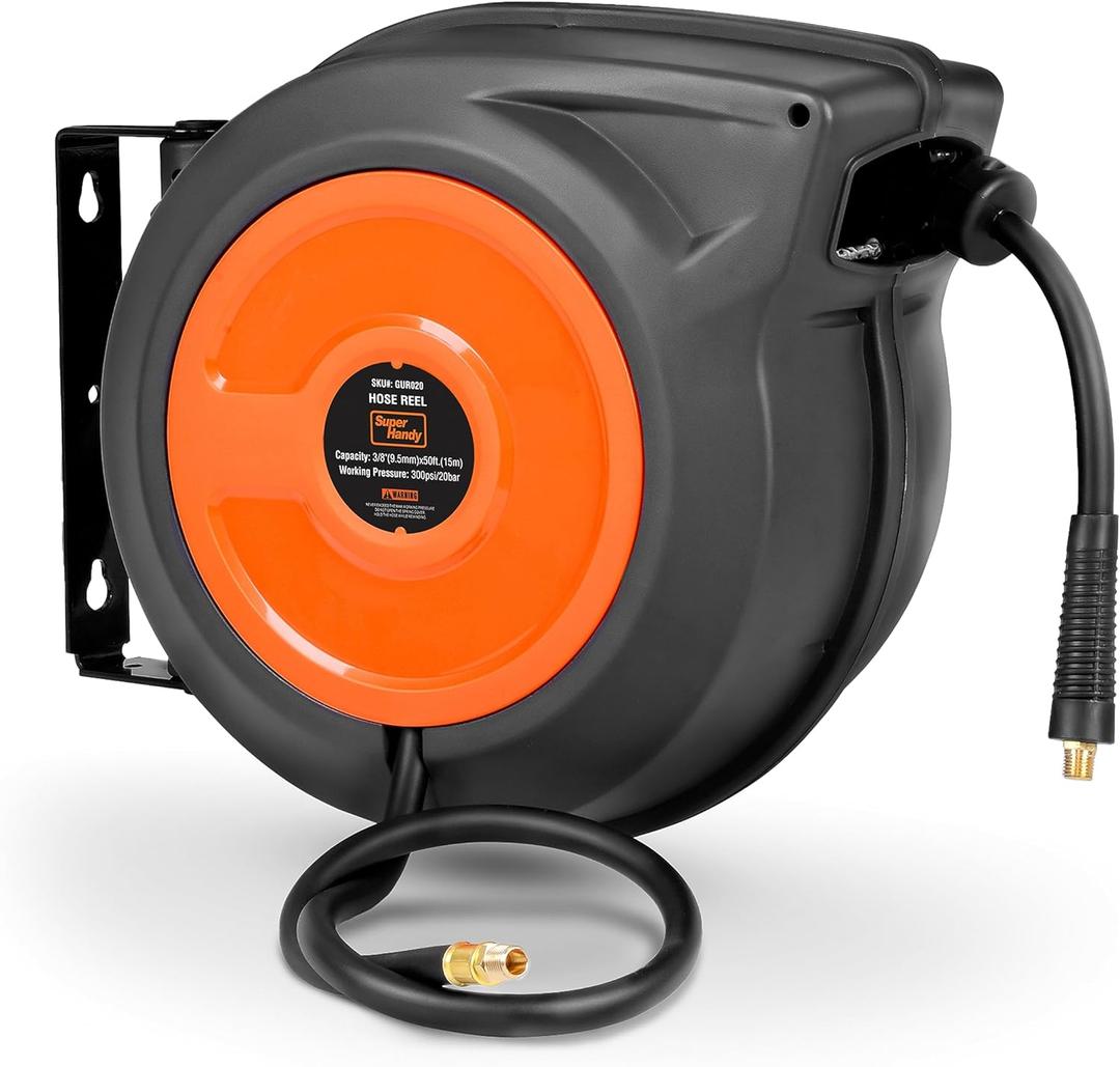 SuperHandy Air-Hose-Reel Retractable 3/8" x 50' Feet Long Industrial Water Premium Commercial Flex Hybrid Polymer Hose Spring Driven Polypropylene Heavy Duty with Lead in Hose & PVC Handle