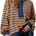 PRETTYGARDEN Womens Fall 2026 Striped Oversized Sweatshirt Long Sleeve Button Up Henley Neck Waffle Knit Pullover Tunic Tops, Size XL