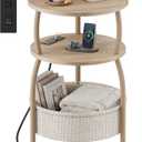 Round Side Table with Charging Station, USB Type C Port, Oak | End Table with Power Outlet,15.75 in Small Round Table with Basket, Space Saving, 3-Tier Small Table for Bedside, Sofa, 15.75" Dia with Power Strip