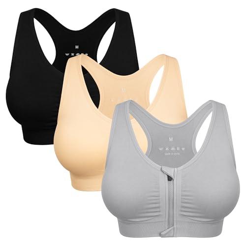 Women's Zip Front Sports Bra Wireless Post-Surgery Bra Active Yoga Sports Bras 3 Pack M