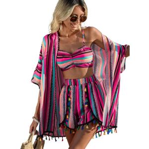 Verdusa Women's 3 Piece Outfits Short Sleeve Open Front Kimono and Boho Cami Top and Tassel Trim Tropical Shorts Set (Pink)