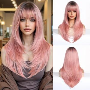 Esmee Long Straight Ombre Pink hair Bangs Layered wig for Women Breathable Comfortable Natural Realistic Women Party Wigs Use-24 Inches