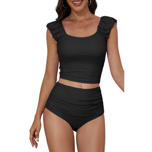 Eomenie Tankini Swimsuits for Women Ruched Tummy Control Bathing Suit Two Piece Swim Tank Top with High Waisted Bottom M