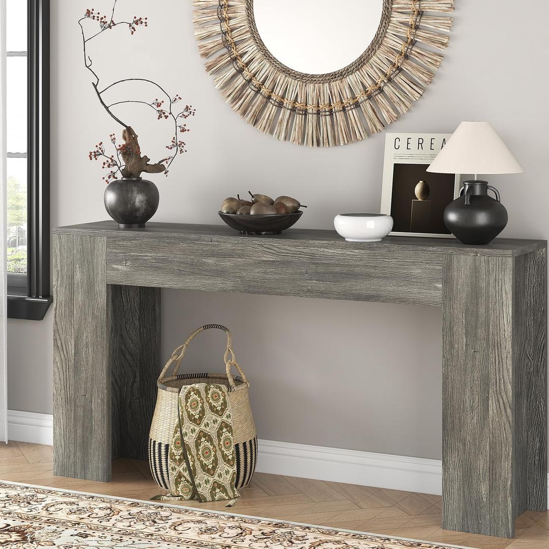 63-Inch Long Console Table with LED Light, Farmhouse Sofa Table Behind Couch, Wooden Console Table for Entryway Hallway Entrance Living Room, Gray (Grey)